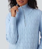 Half Zip Mock-neck Cable Knit Work Jumper — Cool Blue — view 4