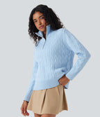 Half Zip Mock-neck Cable Knit Work Jumper — Cool Blue — view 3
