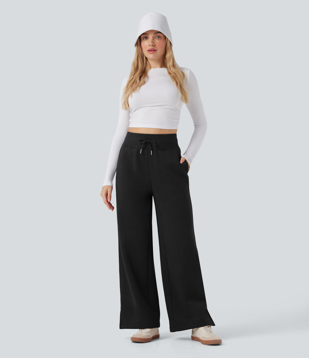 High Waisted Drawstring Split Hem Wide Leg Casual Fleece Trousers with Pockets — Black — view 6