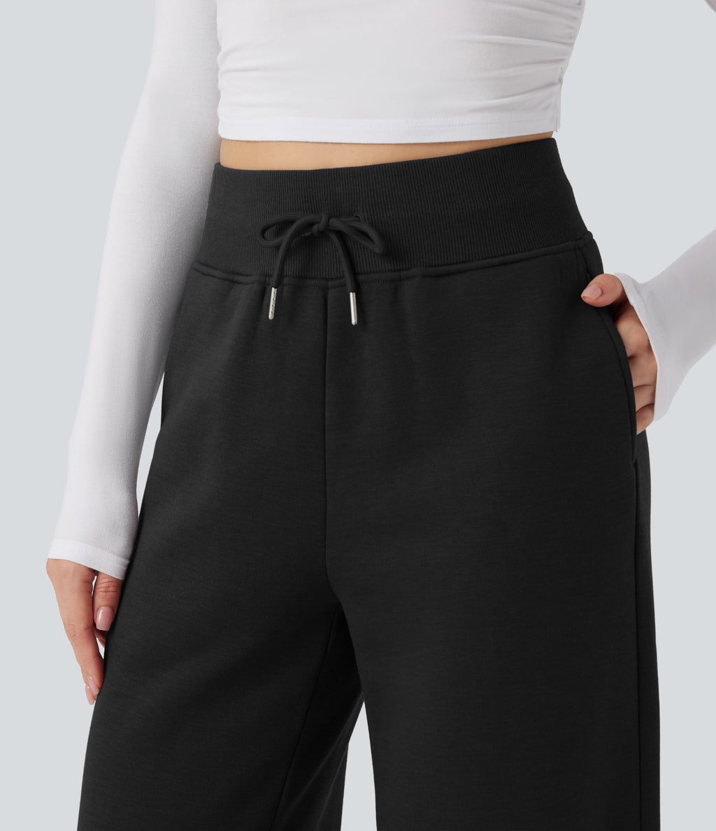 High Waisted Drawstring Split Hem Wide Leg Casual Fleece Trousers with Pockets — Black — view 4