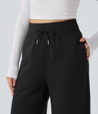 High Waisted Drawstring Split Hem Wide Leg Casual Fleece Trousers with Pockets — Black — view 4
