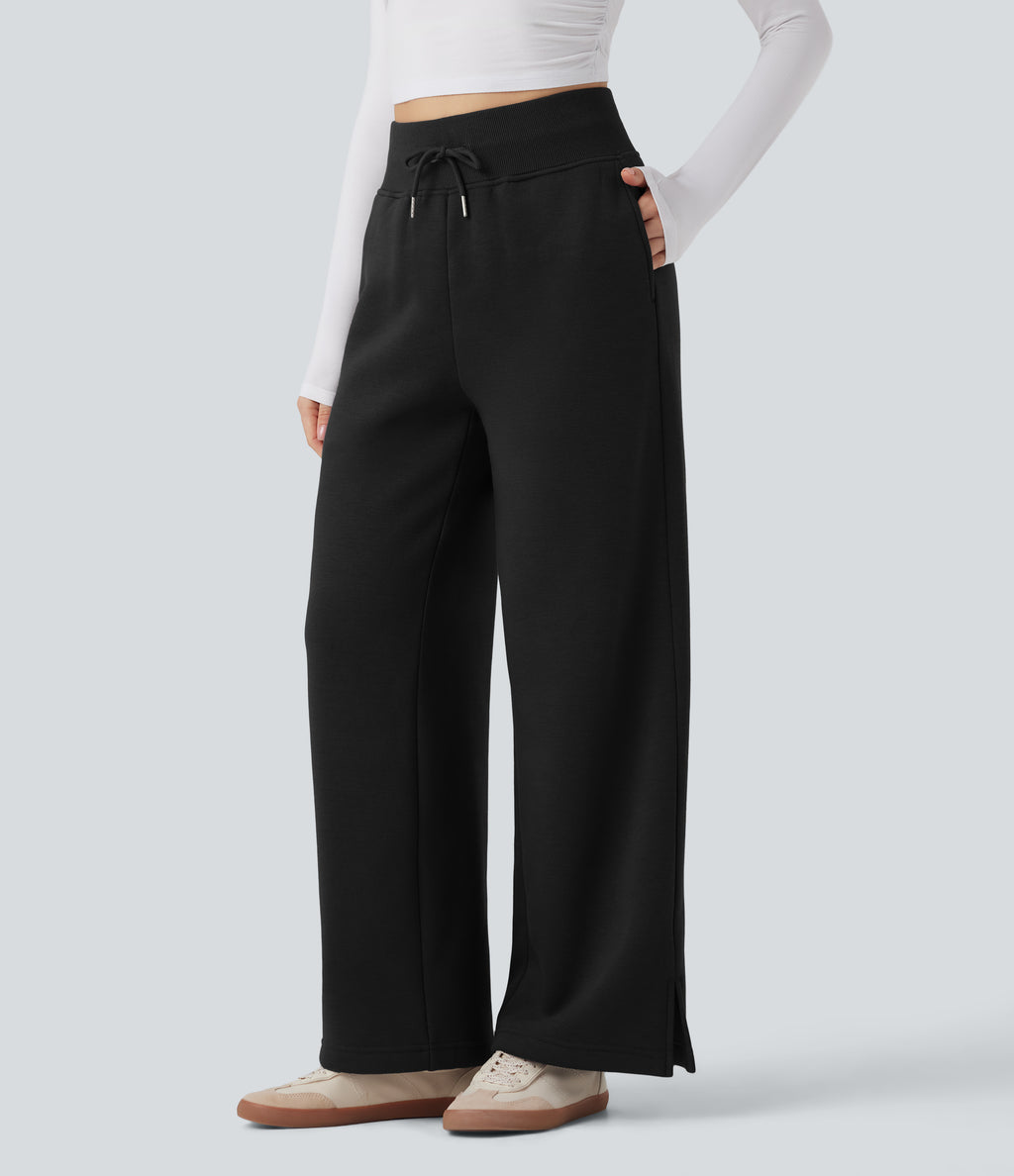High Waisted Drawstring Split Hem Wide Leg Casual Fleece Trousers with Pockets — Black — view 1