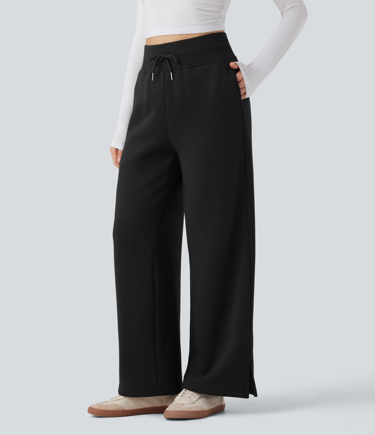 High Waisted Drawstring Split Hem Wide Leg Casual Fleece Trousers with Pockets — Black — view 1