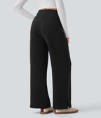 High Waisted Drawstring Split Hem Wide Leg Casual Fleece Trousers with Pockets — Black — view 2