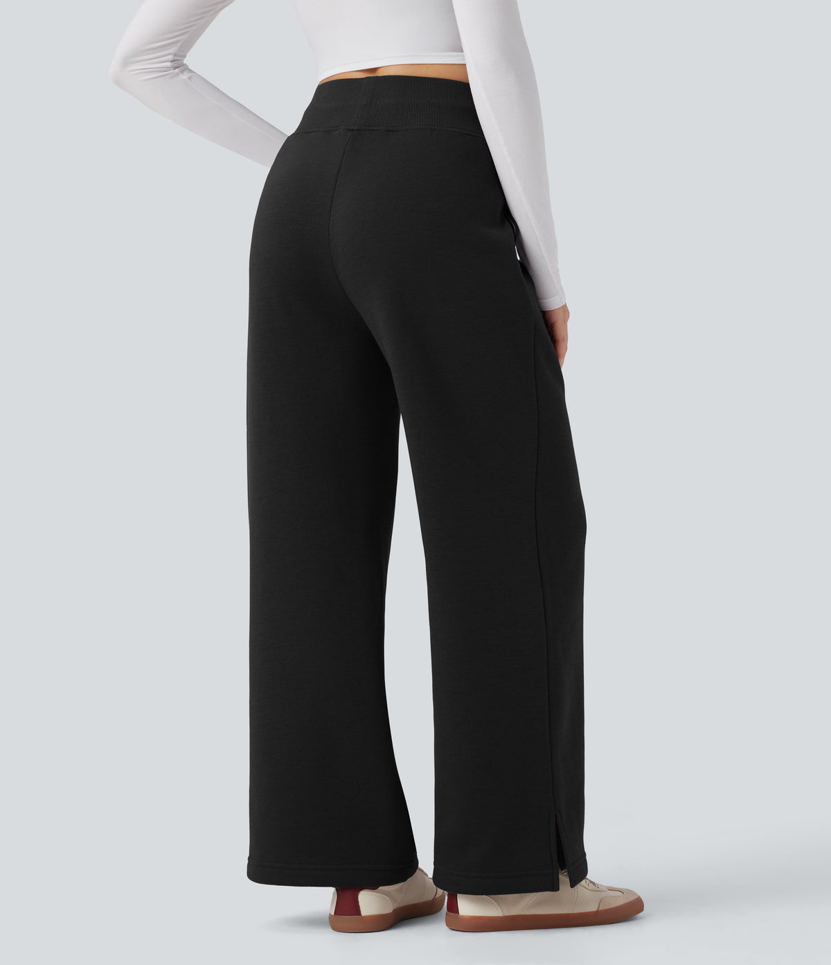 High Waisted Drawstring Split Hem Wide Leg Casual Fleece Trousers with Pockets — Black — view 2