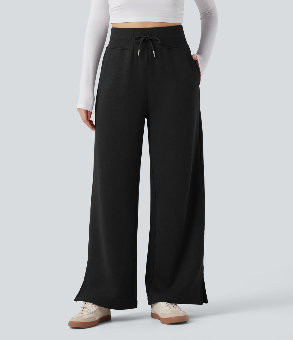 High Waisted Drawstring Split Hem Wide Leg Casual Fleece Trousers with Pockets — Black — view 3