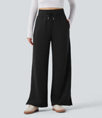 High Waisted Drawstring Split Hem Wide Leg Casual Fleece Trousers with Pockets — Black — view 3