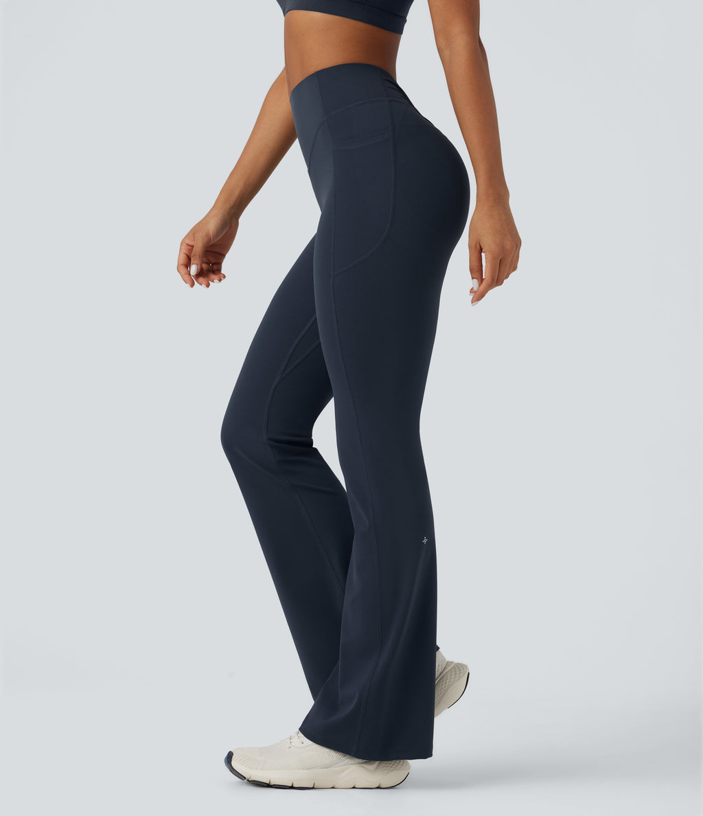 High Waisted Tummy Control Butt Lifting Scrunch Shaping Yoga Bootcut Leggings with Pockets — Carbon — view 3