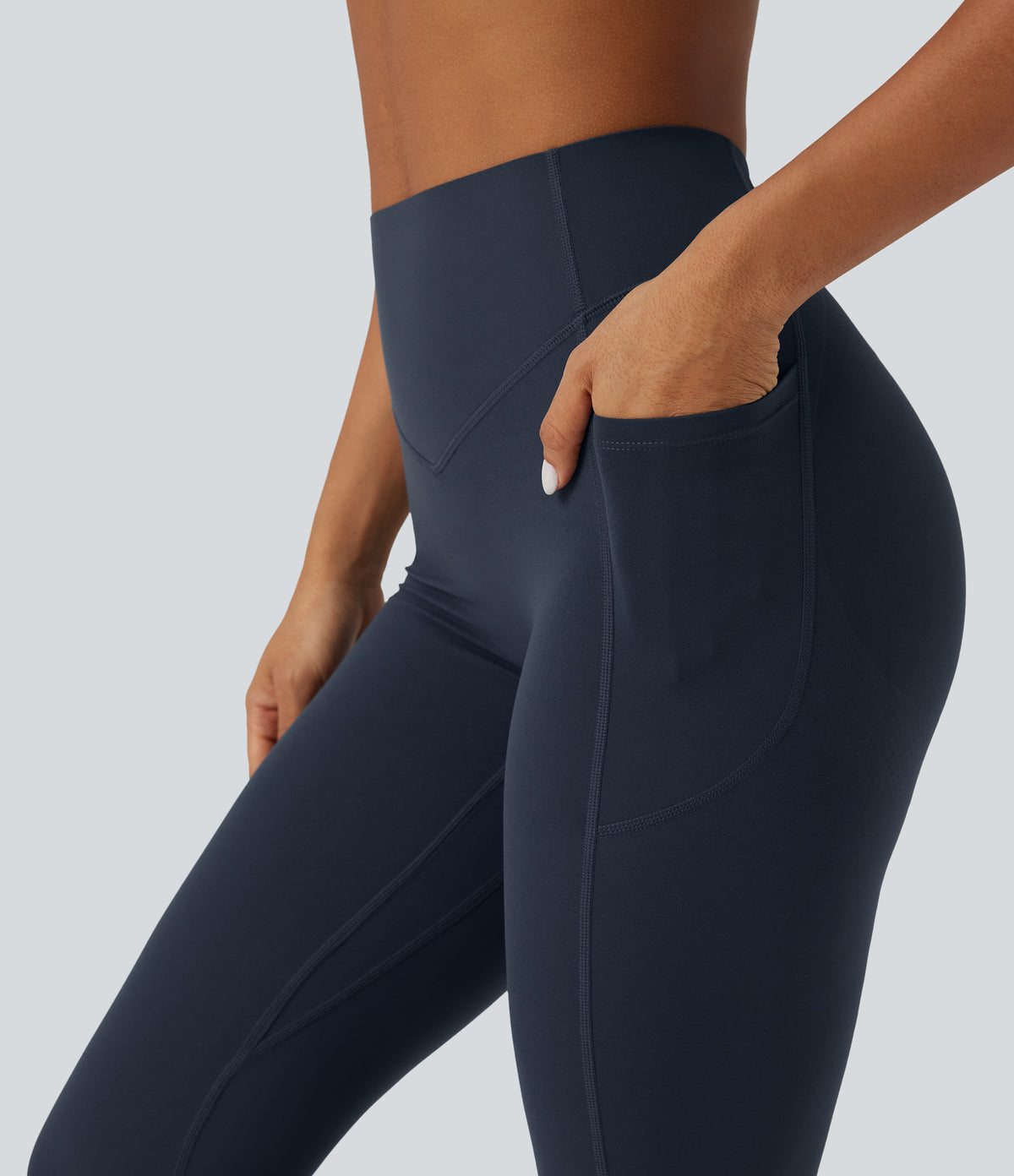 High Waisted Tummy Control Butt Lifting Scrunch Shaping Yoga Bootcut Leggings with Pockets — Carbon — view 4