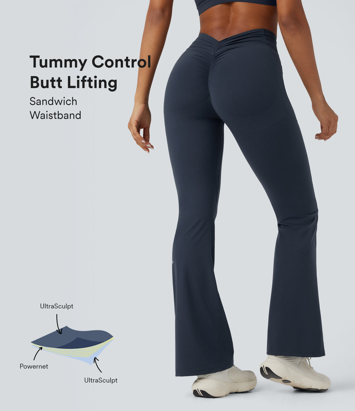 High Waisted Tummy Control Butt Lifting Scrunch Shaping Yoga Bootcut Leggings with Pockets — Carbon — view 1
