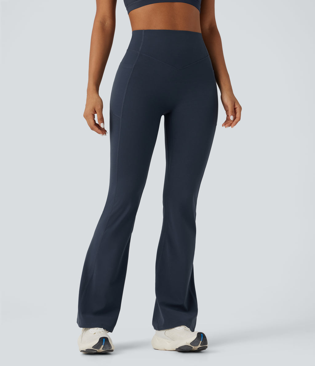 High Waisted Tummy Control Butt Lifting Scrunch Shaping Yoga Bootcut Leggings with Pockets — Carbon — view 2