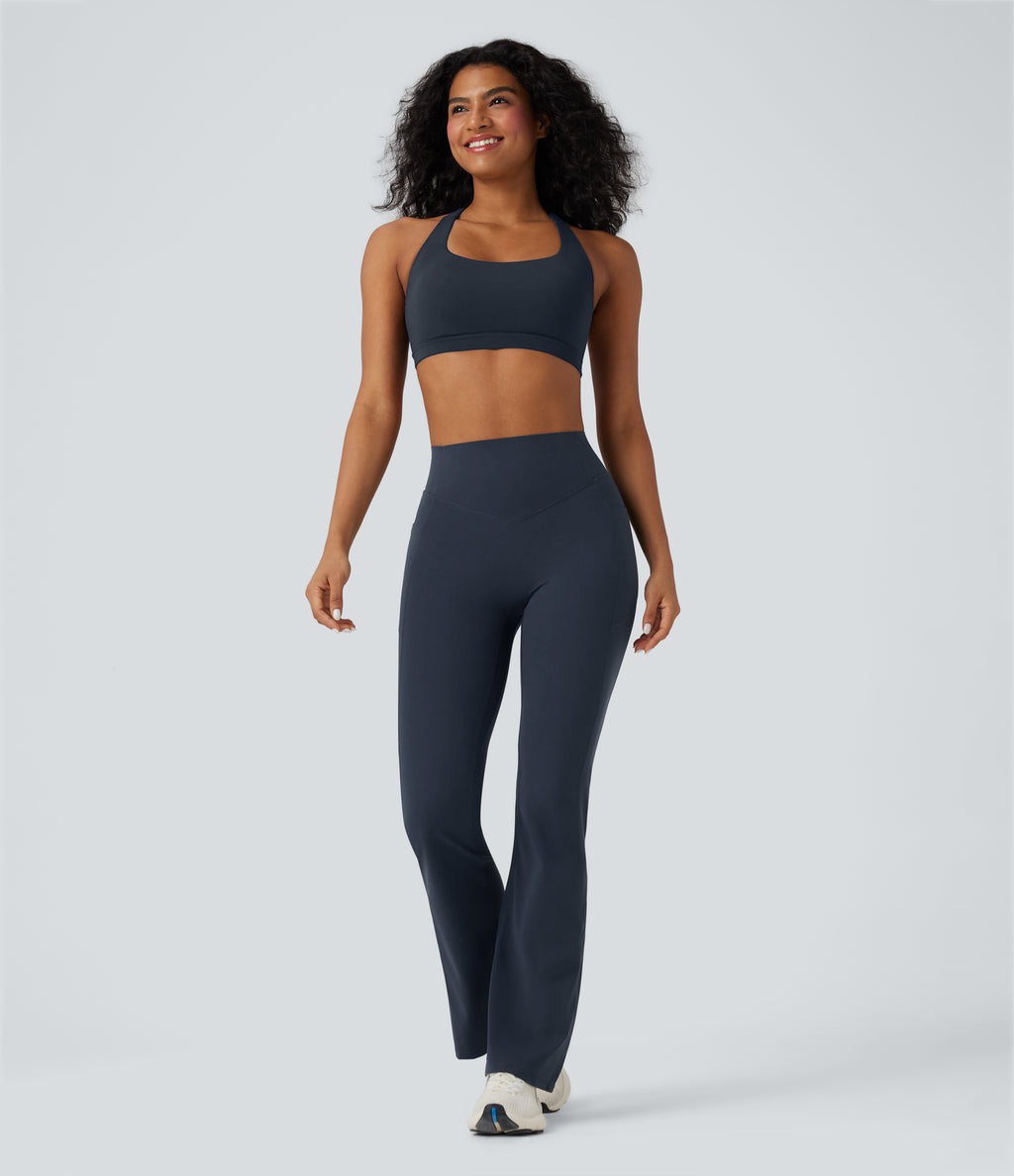High Waisted Tummy Control Butt Lifting Scrunch Shaping Yoga Bootcut Leggings with Pockets — Carbon — view 7