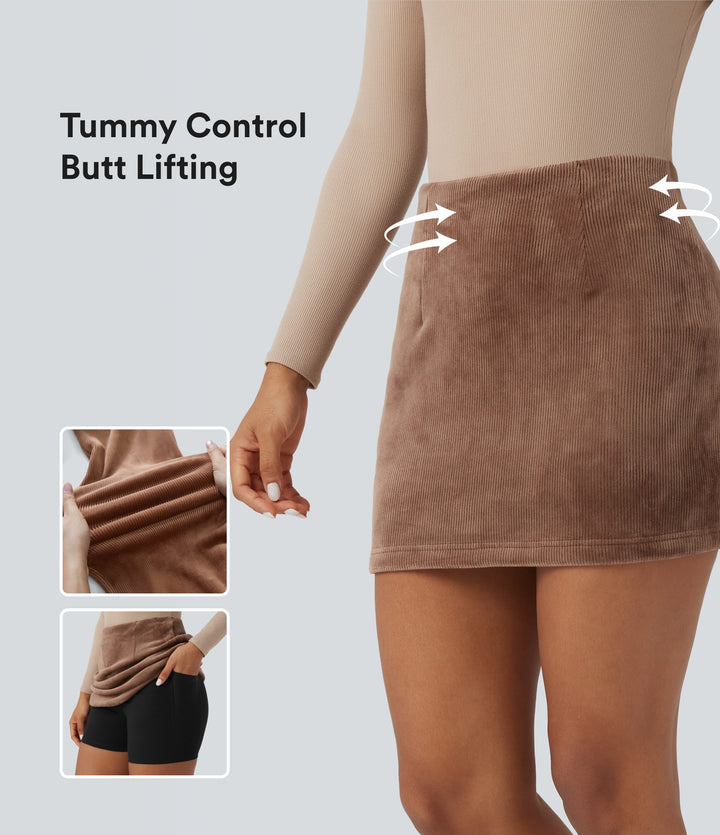 High Waisted Tummy Control Butt Lifting Fleece Corduroy Bodycon Mini Casual Skirt with Pockets — Pecan Pie — view 1