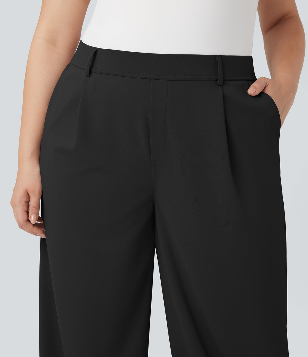 High Waisted Straight Leg Crepe Work Plus Size Trousers with Pockets — Black — view 4