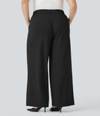 High Waisted Straight Leg Crepe Work Plus Size Trousers with Pockets — Black — view 2