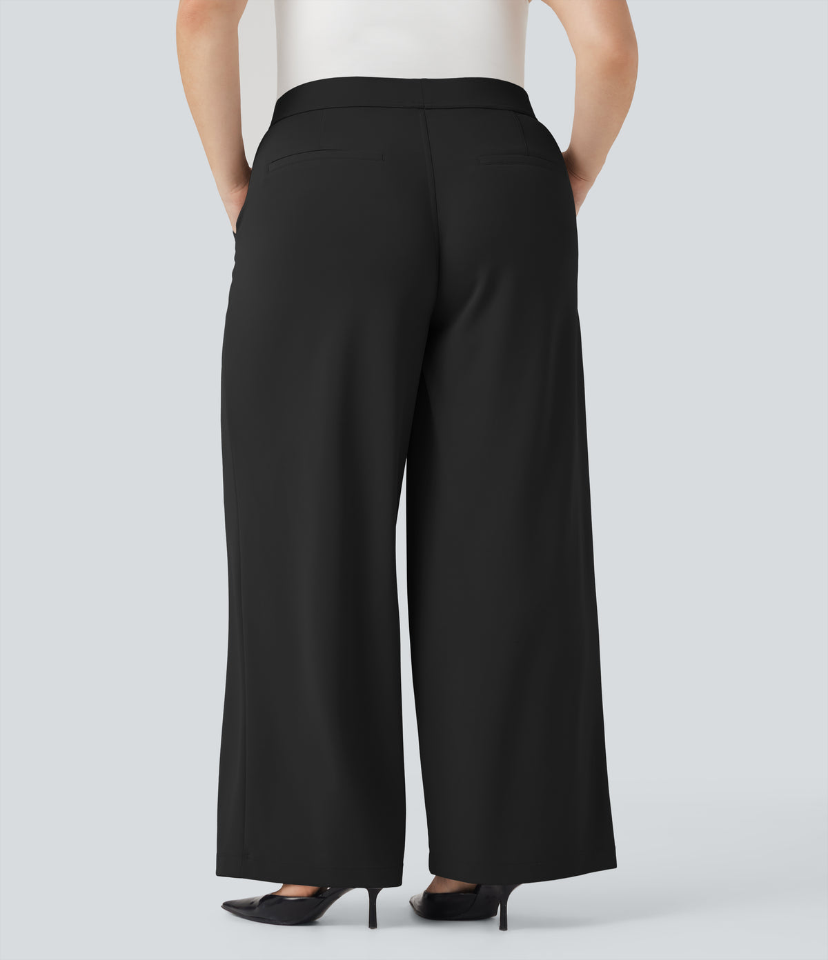 High Waisted Straight Leg Crepe Work Plus Size Trousers with Pockets — Black — view 2