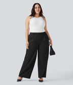 High Waisted Straight Leg Crepe Work Plus Size Trousers with Pockets — Black — view 6