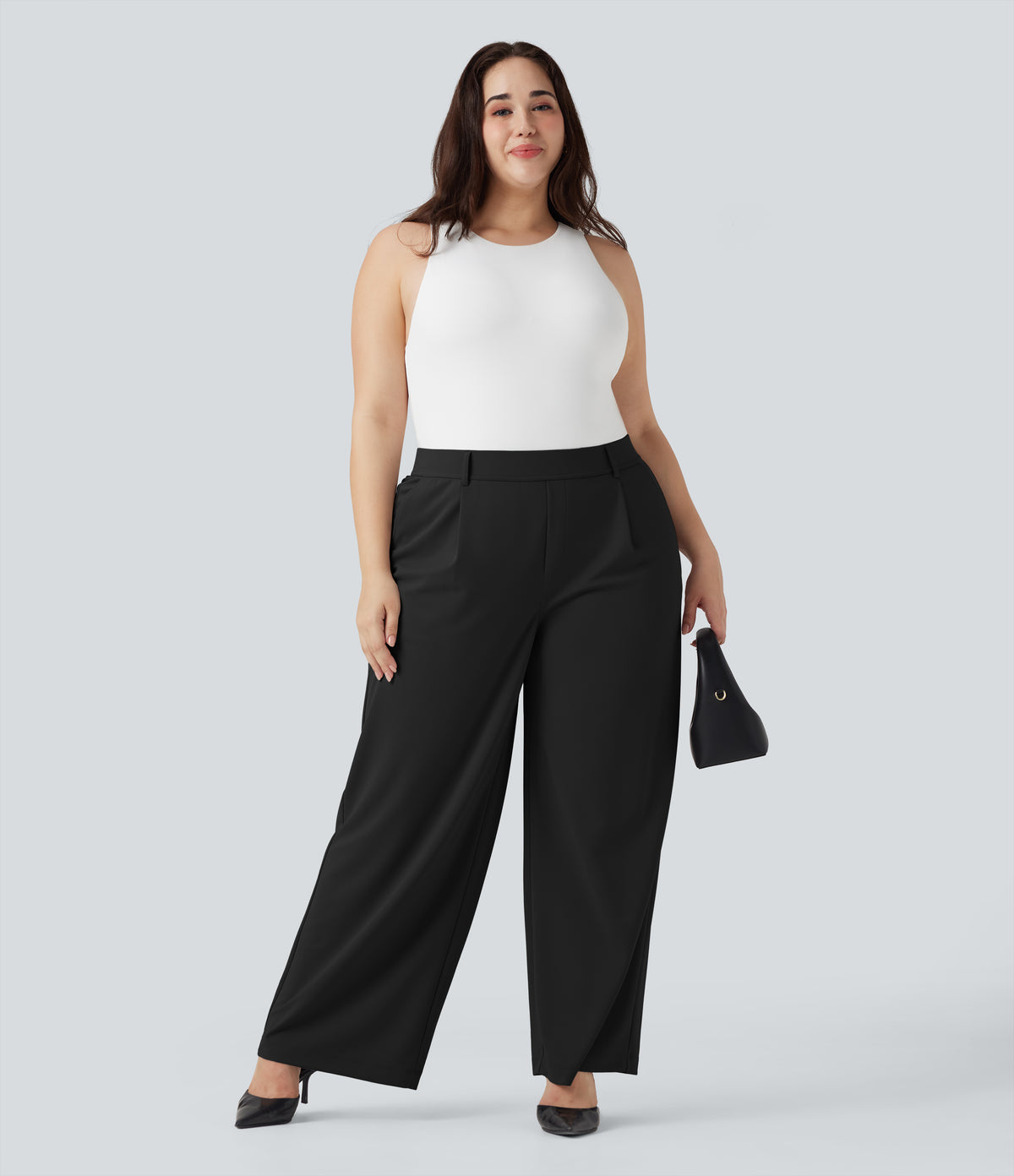 High Waisted Straight Leg Crepe Work Plus Size Trousers with Pockets — Black — view 6