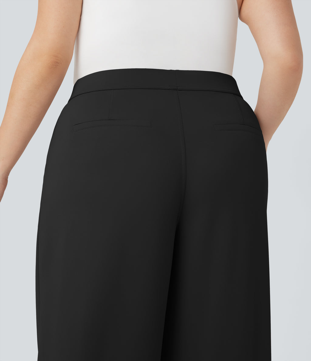 High Waisted Straight Leg Crepe Work Plus Size Trousers with Pockets — Black — view 5