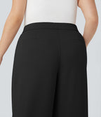High Waisted Straight Leg Crepe Work Plus Size Trousers with Pockets — Black — view 5