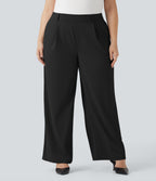 High Waisted Straight Leg Crepe Work Plus Size Trousers with Pockets — Black — view 1