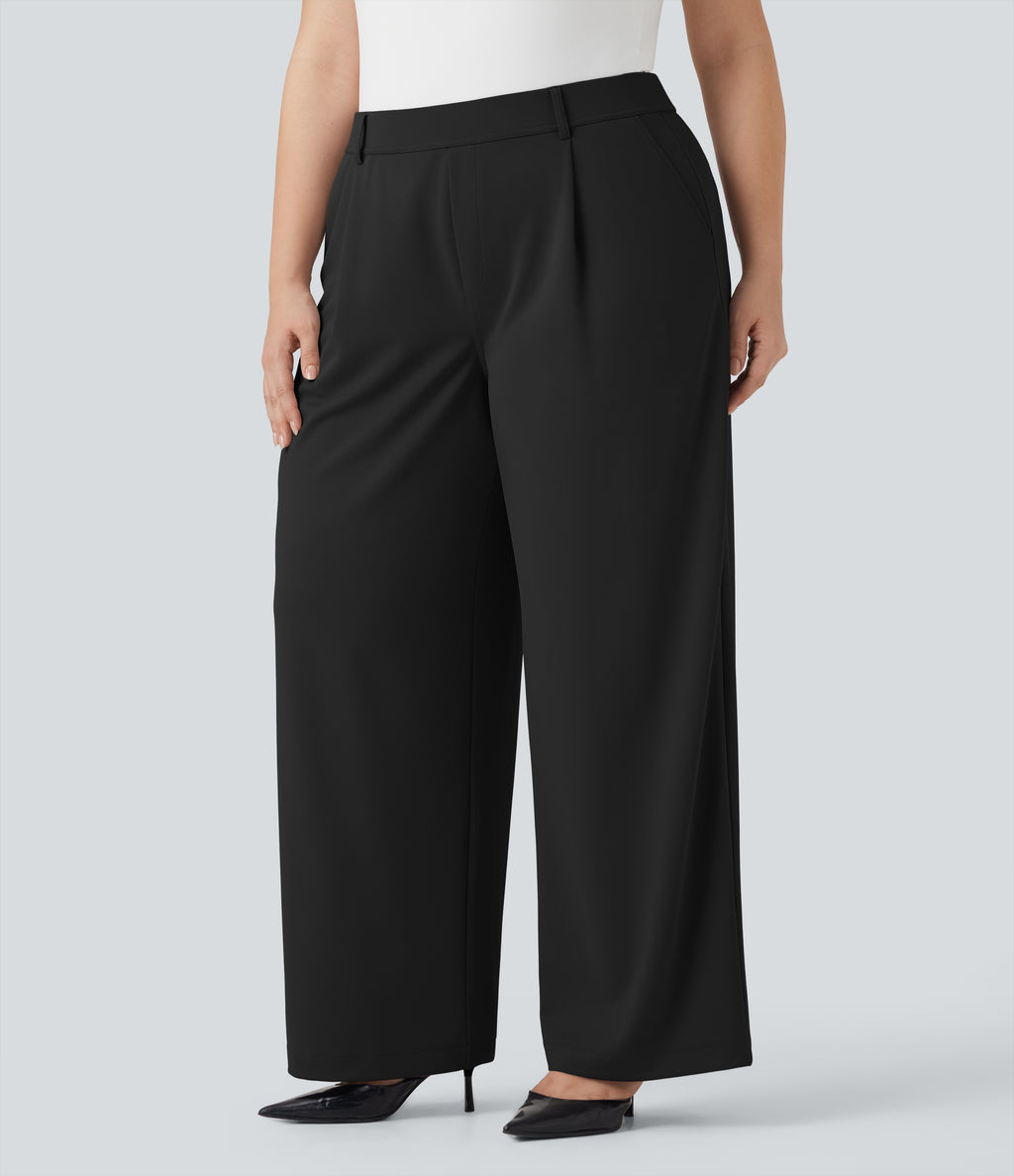 High Waisted Straight Leg Crepe Work Plus Size Trousers with Pockets — Black — view 3