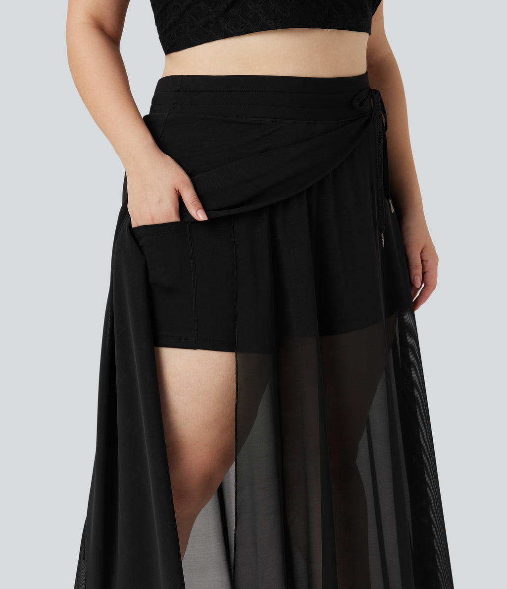 Plus Size High Waisted Drawstring Contrast Mesh 2-in-1 Flowy Maxi Skirt with Pockets — Black — view 4