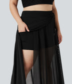 Plus Size High Waisted Drawstring Contrast Mesh 2-in-1 Flowy Maxi Skirt with Pockets — Black — view 4