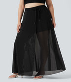 Plus Size High Waisted Drawstring Contrast Mesh 2-in-1 Flowy Maxi Skirt with Pockets — Black — view 3