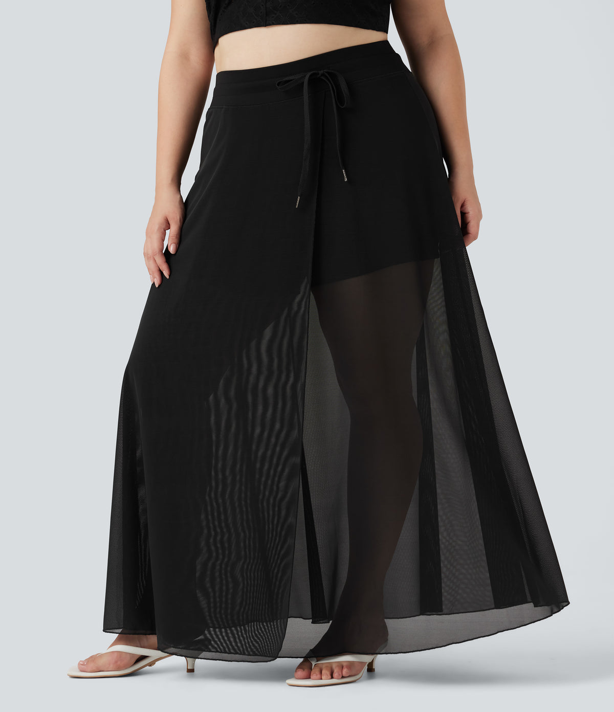 Plus Size High Waisted Drawstring Contrast Mesh 2-in-1 Flowy Maxi Skirt with Pockets — Black — view 3