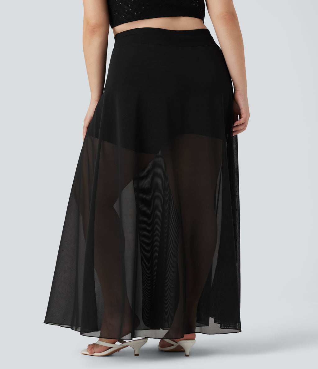 Plus Size High Waisted Drawstring Contrast Mesh 2-in-1 Flowy Maxi Skirt with Pockets — Black — view 2