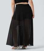 Plus Size High Waisted Drawstring Contrast Mesh 2-in-1 Flowy Maxi Skirt with Pockets — Black — view 2