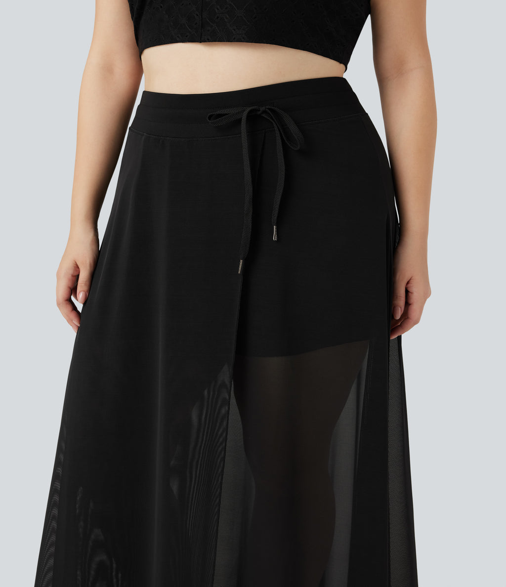 Plus Size High Waisted Drawstring Contrast Mesh 2-in-1 Flowy Maxi Skirt with Pockets — Black — view 5