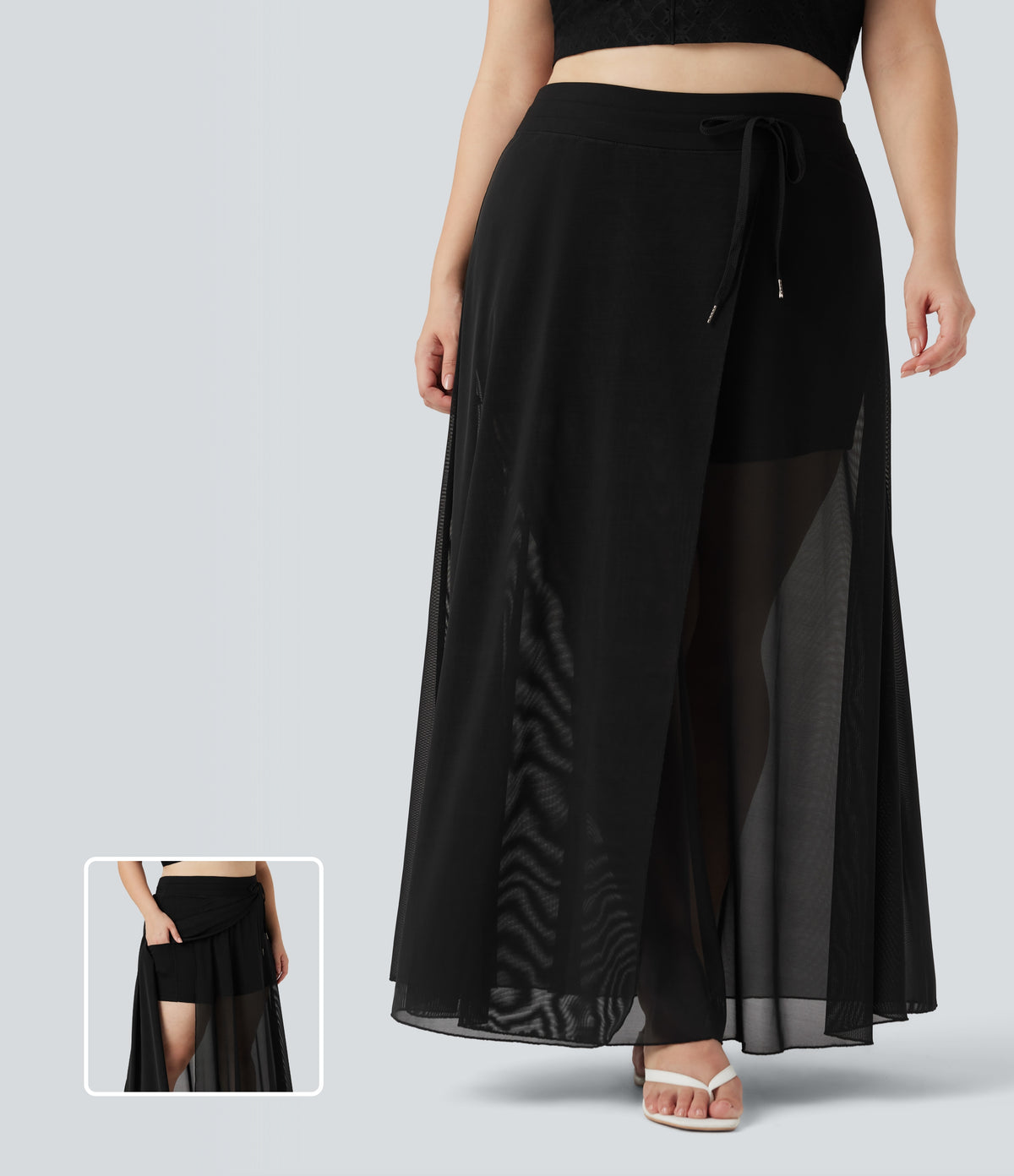 Plus Size High Waisted Drawstring Contrast Mesh 2-in-1 Flowy Maxi Skirt with Pockets — Black — view 1