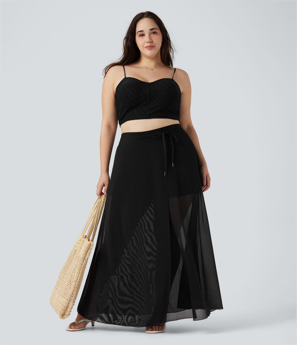 Plus Size High Waisted Drawstring Contrast Mesh 2-in-1 Flowy Maxi Skirt with Pockets — Black — view 6