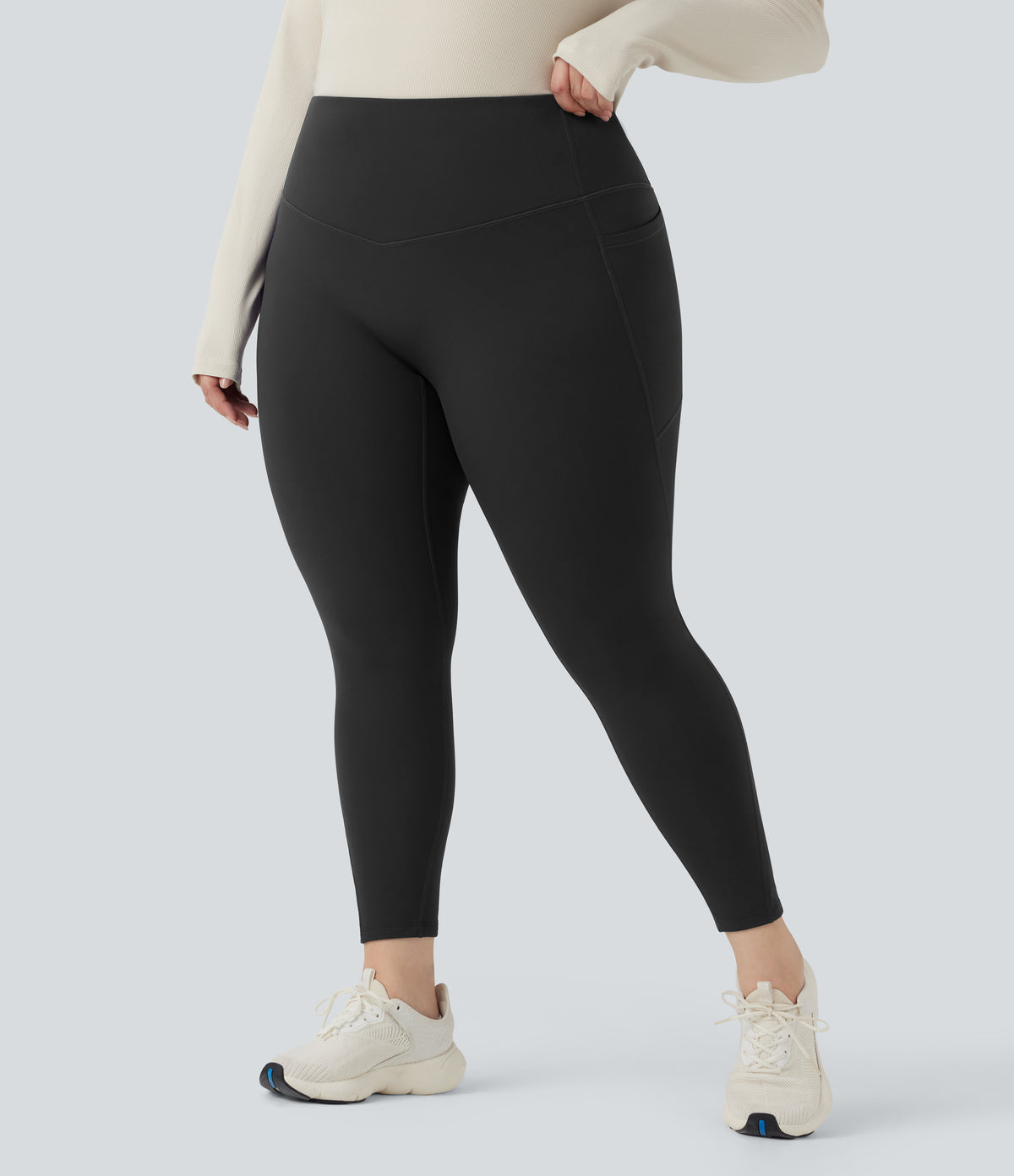 Plush Thermal High Waisted Tummy Control Training Plus Size Legging with Pockets — Black — view 7