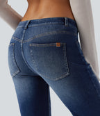 Low Rise Flared Washed Casual Jeans with Pockets — Estate Blue Denim — view 4