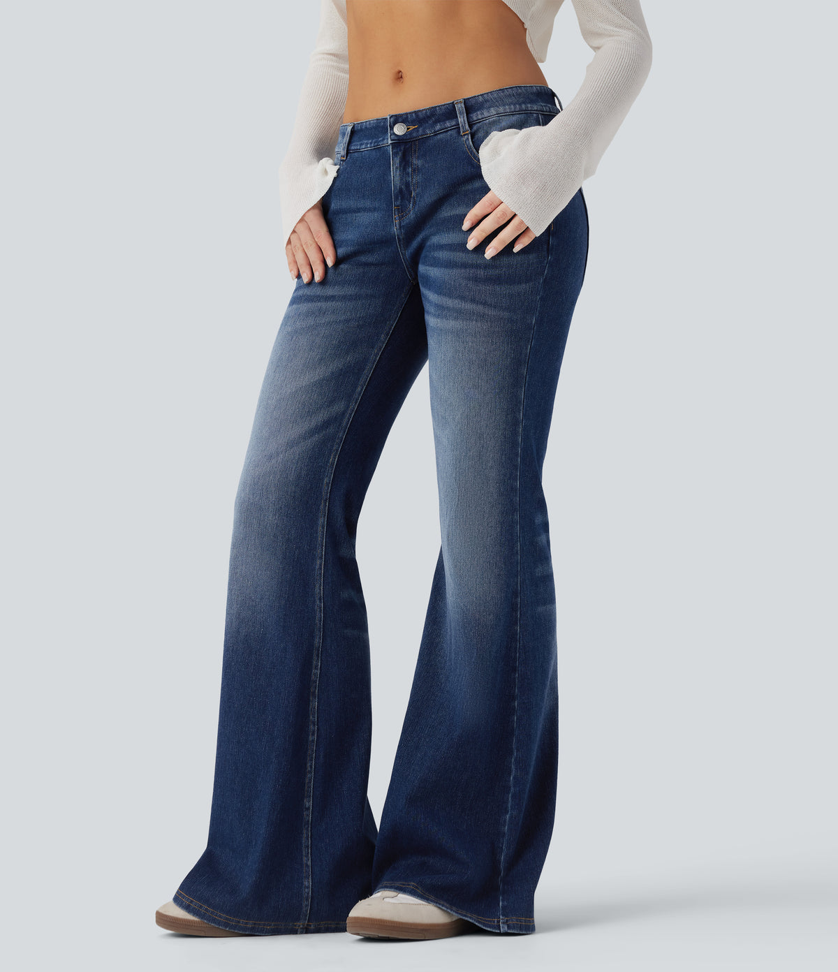 Low Rise Flared Washed Casual Jeans with Pockets — Estate Blue Denim — view 3