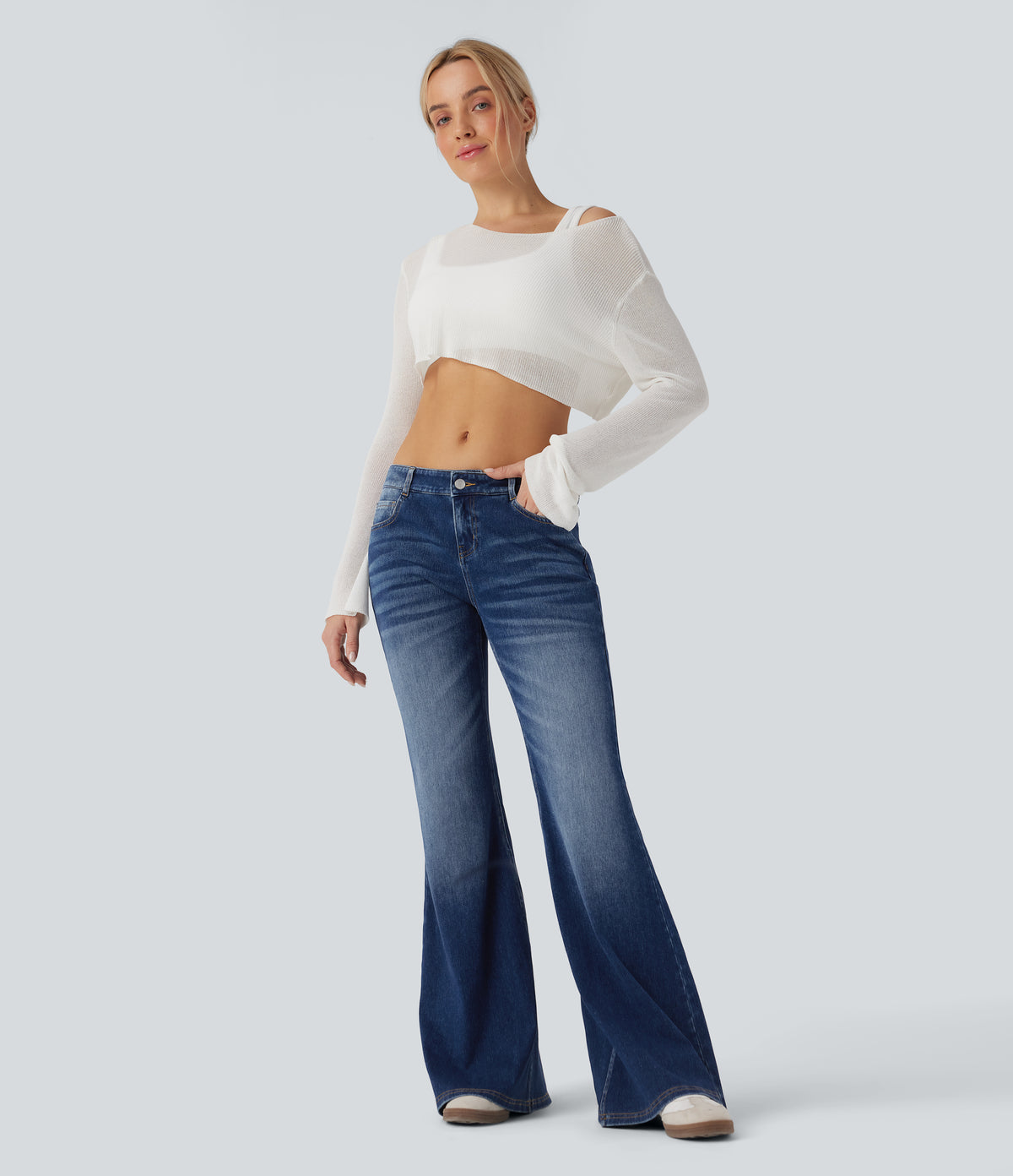 Low Rise Flared Washed Casual Jeans with Pockets — Estate Blue Denim — view 6