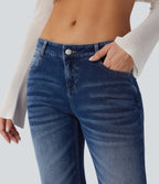 Low Rise Flared Washed Casual Jeans with Pockets — Estate Blue Denim — view 5