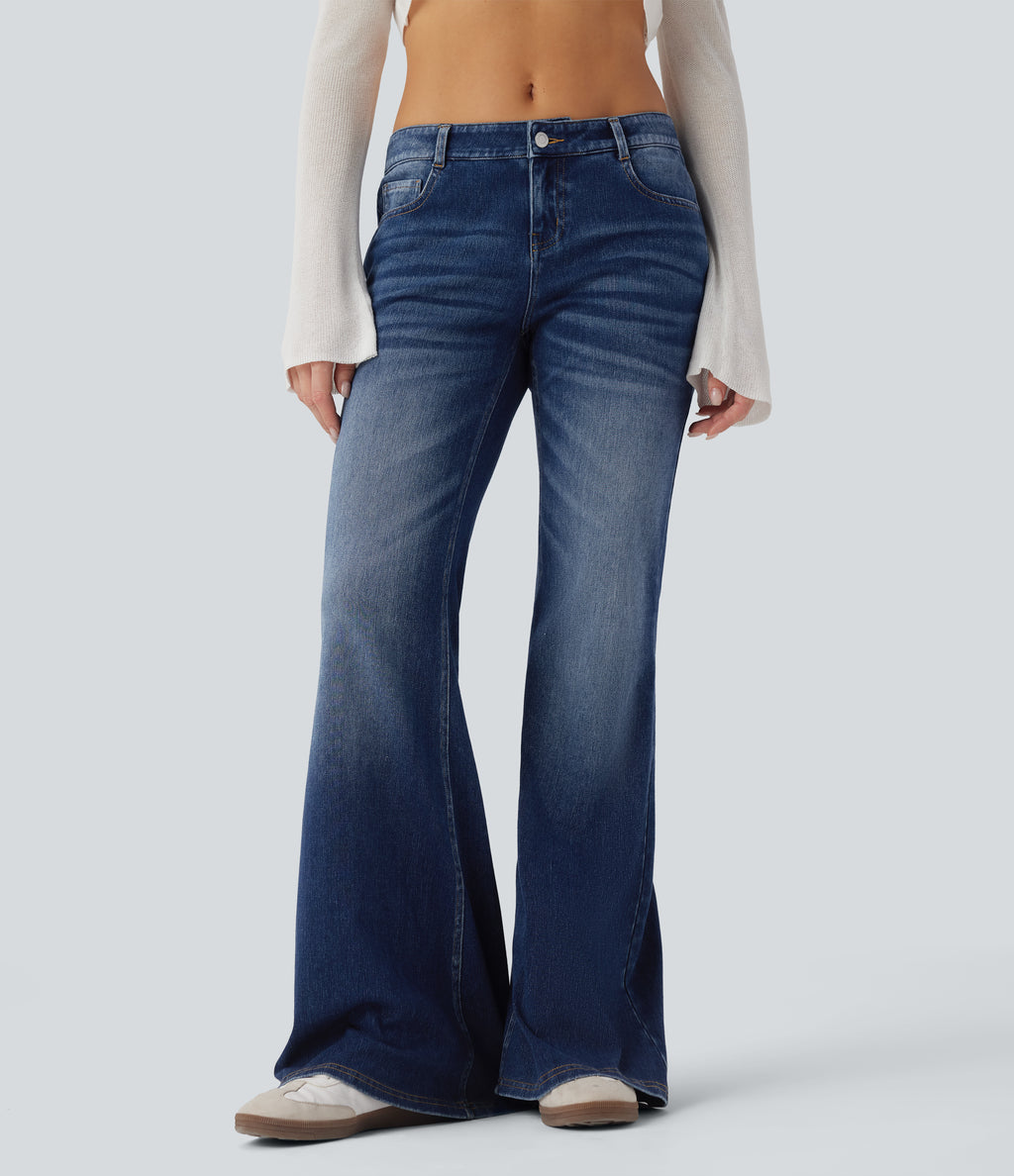Low Rise Flared Washed Casual Jeans with Pockets — Estate Blue Denim — view 1