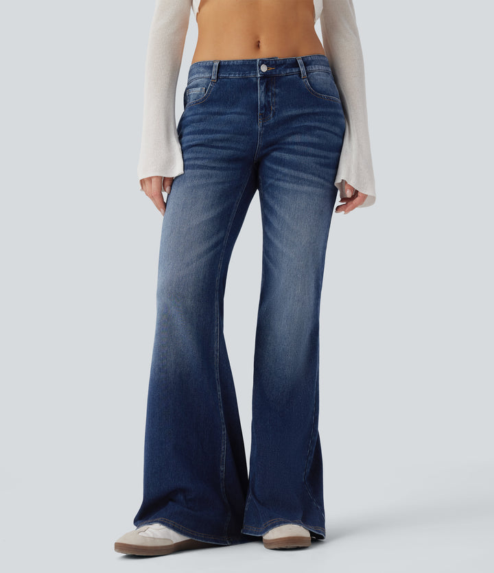 Low Rise Flared Washed Casual Jeans with Pockets — Estate Blue Denim — view 1