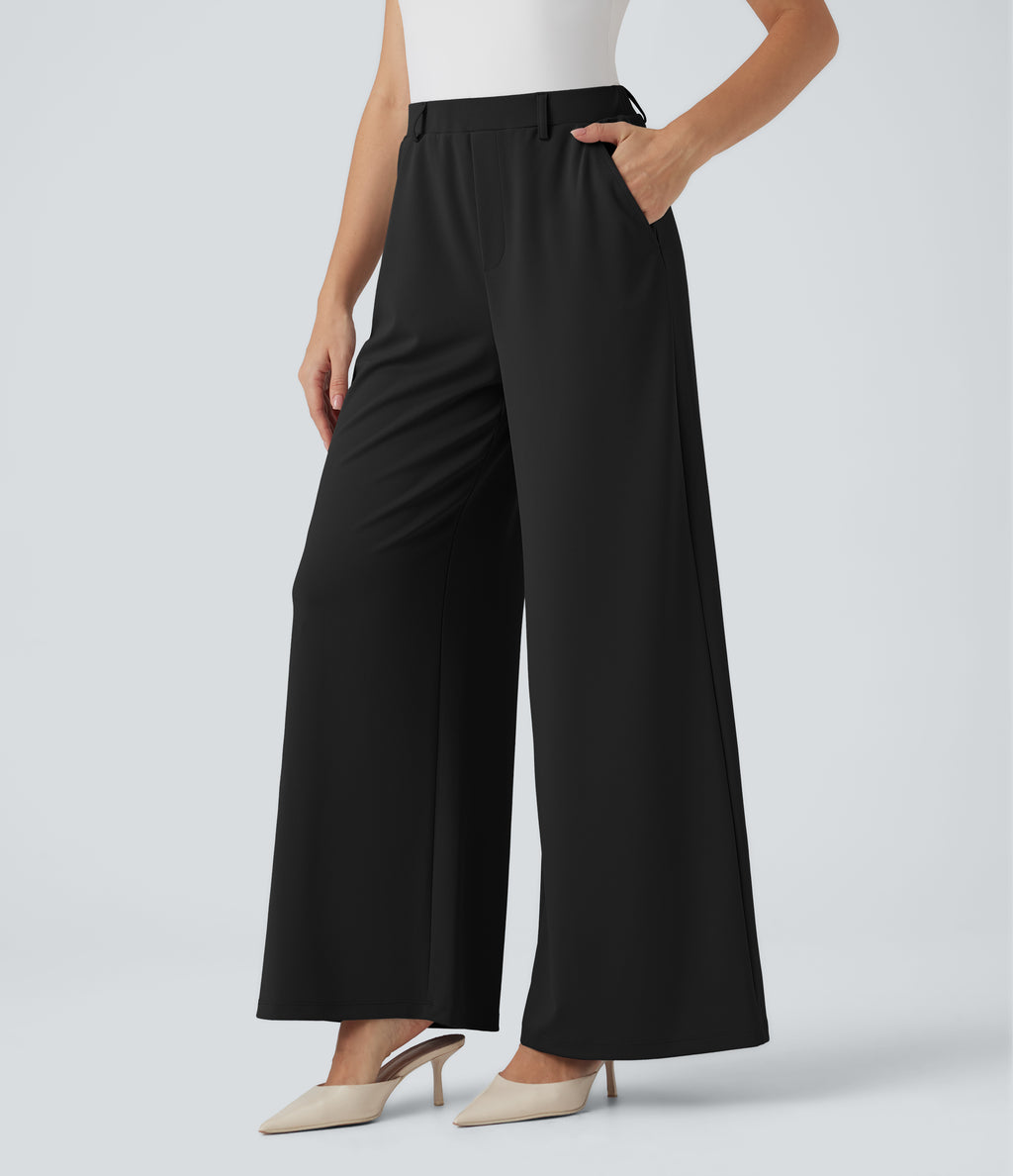 High Waisted Palazzo Wide Leg Crepe Work Trousers with Pockets — Black — view 3