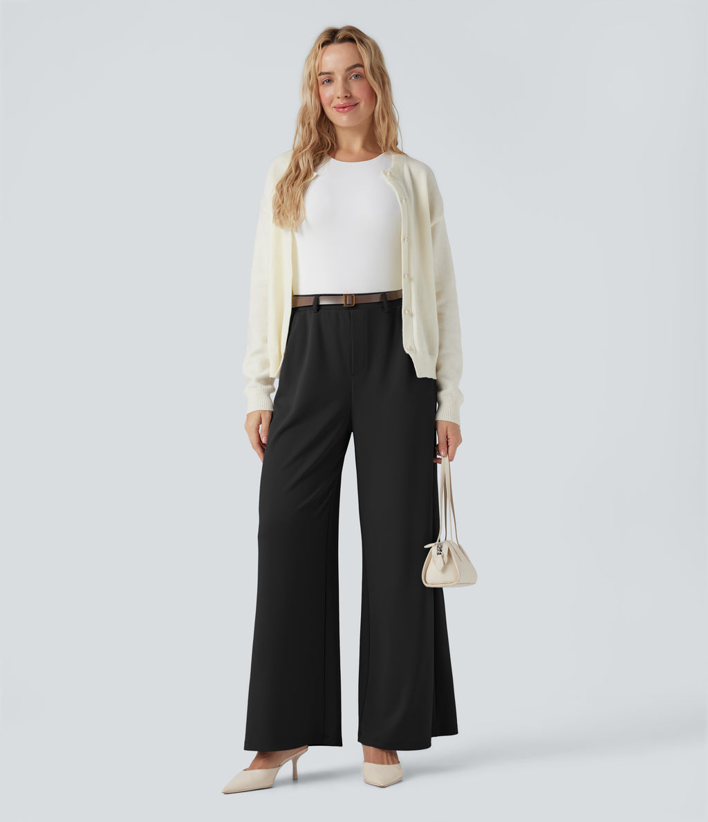 High Waisted Palazzo Wide Leg Crepe Work Trousers with Pockets — Black — view 6