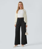 High Waisted Palazzo Wide Leg Crepe Work Trousers with Pockets — Black — view 6