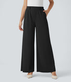 High Waisted Palazzo Wide Leg Crepe Work Trousers with Pockets — Black — view 1