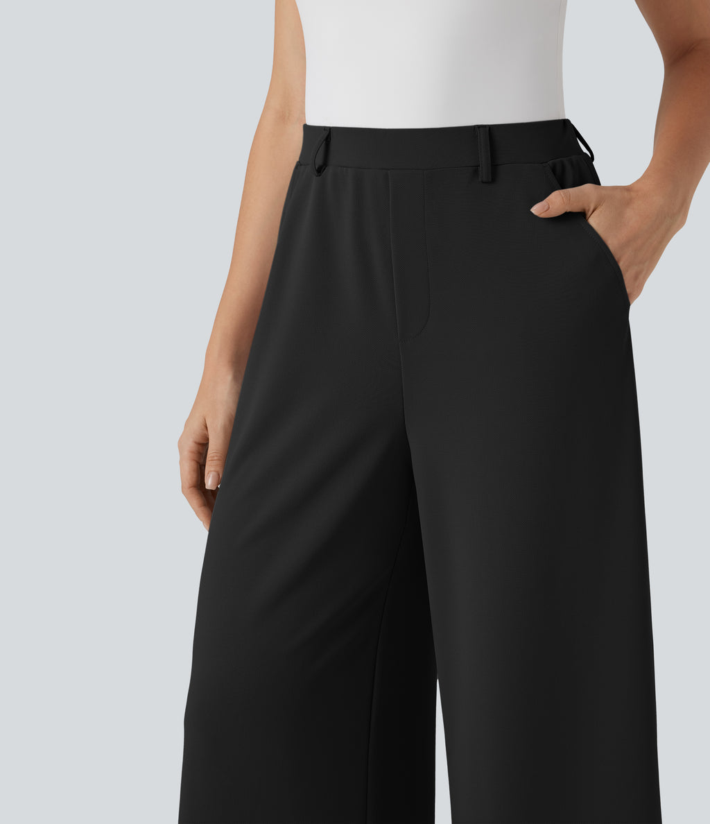 High Waisted Palazzo Wide Leg Crepe Work Trousers with Pockets — Black — view 5