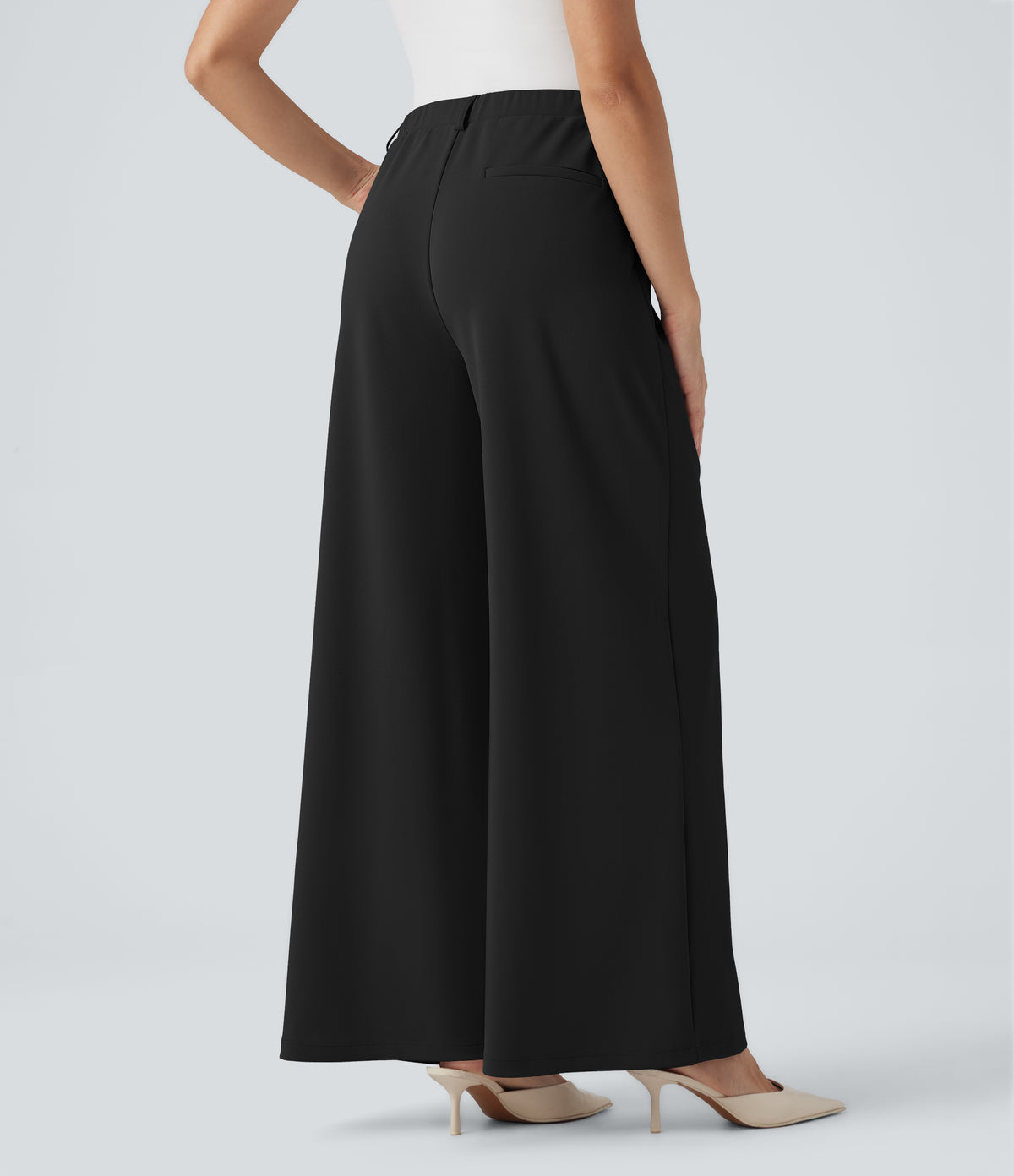 High Waisted Palazzo Wide Leg Crepe Work Trousers with Pockets — Black — view 2
