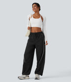 Lightweight Durable Water Repellent Low Rise Drawstring Color Block Cinchable Hem Running Joggers with Pockets — Black — view 8