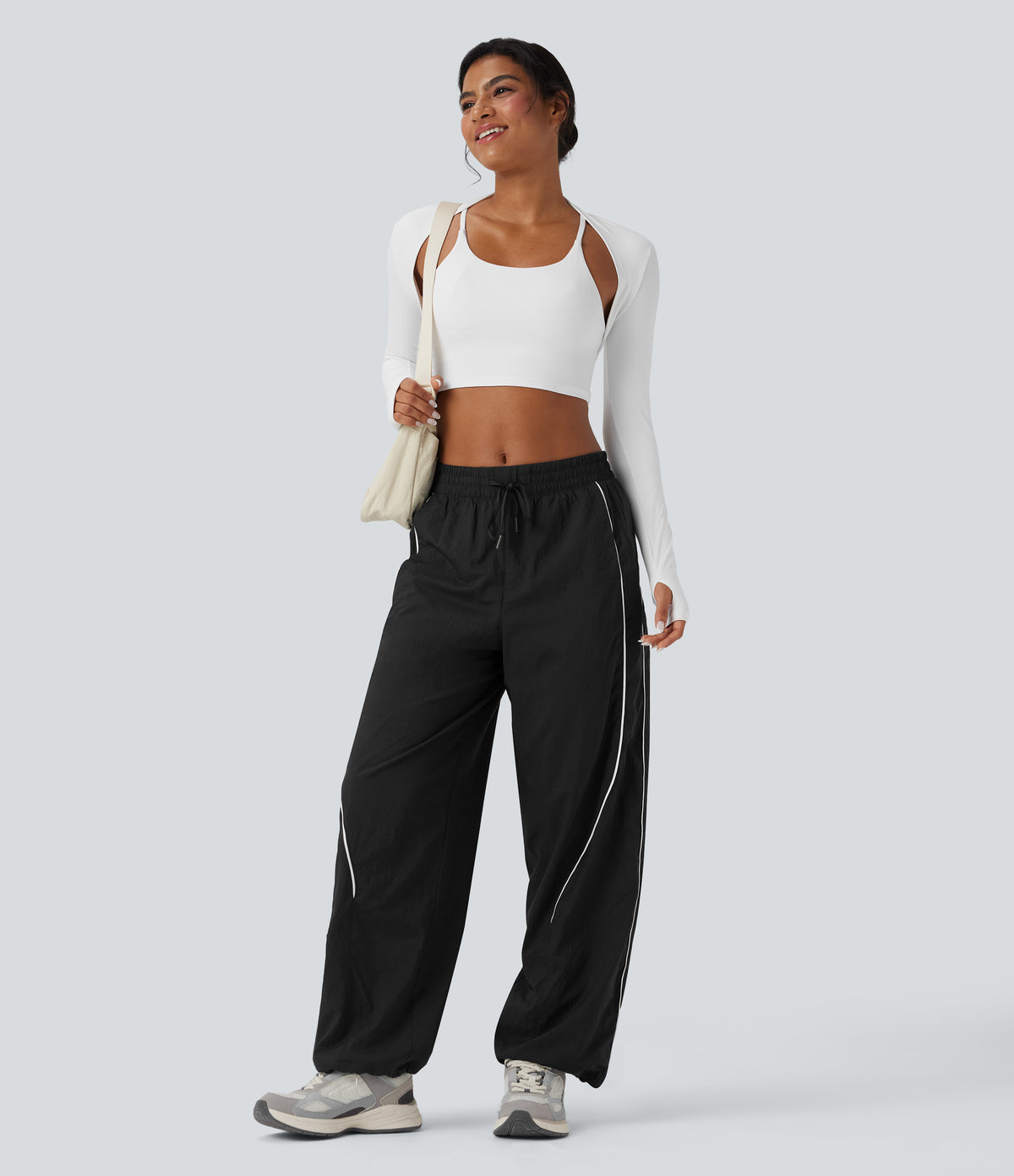 Lightweight Durable Water Repellent Low Rise Drawstring Color Block Cinchable Hem Running Joggers with Pockets — Black — view 8
